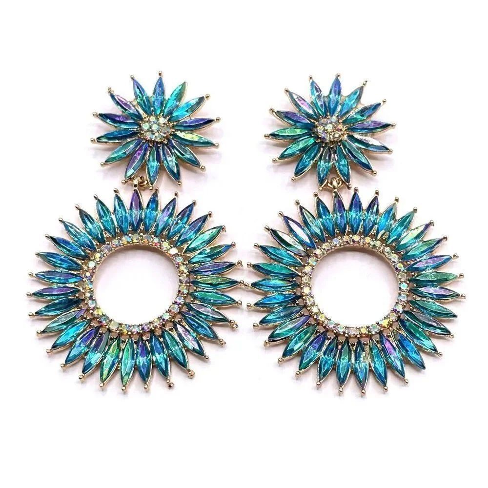 Yellow Gold with Blue Vitrail Crystal Starburst Statement Post Back Earrings
